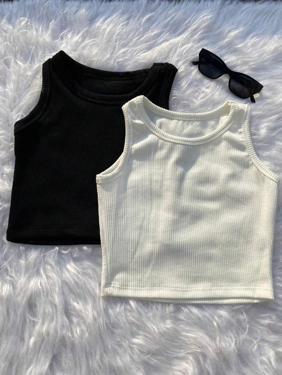 Kit 2 Cropped Women's Tank Top Summer Fashion - <黑白 2> - 查看 1