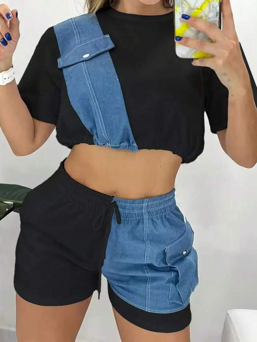 DENIM PATCH SHORT SLEEVE TOP DRAWSTRING SHORTS SET - Black - View 1