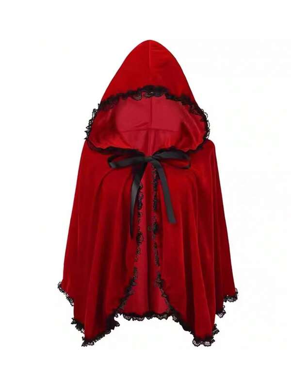 1pc Lace Trim Party Hooded Cloak, Gothic Style Little Red Riding Hood Cape For Halloween, Christmas, Anime Cosplay (Black Lace And White Lace)
