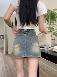 女士高腰带口袋休闲百搭A字牛仔迷你裙 - 藍色 - 查看 5