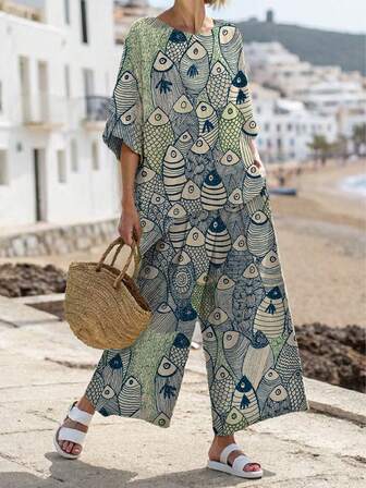 2 件套动物鱼鳞图案波西米亚风休闲无袖上衣和长裤套装，休闲沙滩装，街头服饰，春夏新品