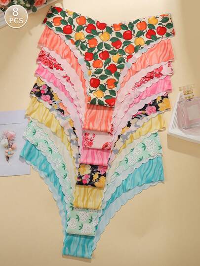 8pcs/Set Women Seamless Panties, Breathable Soft Fabric Wavy Waistband, Printed Bottoms, Ladies Sexy Smooth Hipster Underwear