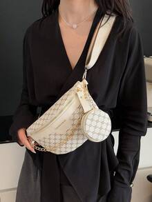 时尚刺绣链条腰包斜挎包，容量大 - 白色 - 查看 4