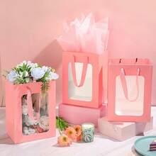 4 piezas Bolsa de regalo con ventana transparente, Caja de regalo de papel grande con asa, Bolsa de compras de papel Kraft con ventana transparente, Bolsa de regalo transparente para regalos, fiestas y festivales - Multicolor - Ver 6