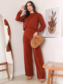 Women's Knitted Mousse Cropped Top And Pants Set Winter Blouse And Pants Set - Bộ đồ đất nung - Xem 4