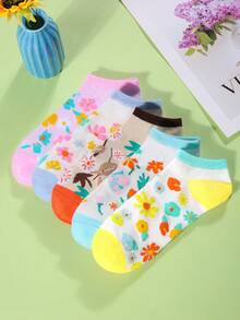 5 Pairs/Sets Of Women's Summer Colorful Flower Color-Blocking Women's Breathable Boat Socks, No Show Socks Are Suitable For Daily Outings, Home Use, Gifting, And Gym Use