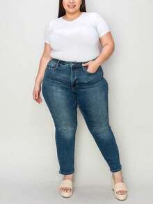 Women's Casual Jeans Urban Tummy Control High-Waisted Denim Pants Medium Blue Full Length Button And Zipper Closure Stretch Fit For Casual Everyday Wear