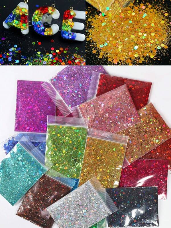 19 Stücke/Set Holografisch Harz Glitzer Grobe Pailletten Mischung Harz Glitzer Flocken Set, für DIY Projekte, Feiertagsdekorationen & Schleim, Glitzer für Basteleien, Schmuckgießen Zubehör