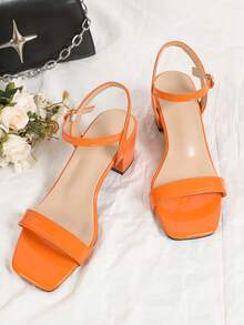 New Fashion Women Orange Patent High Heel Sandals With Ankle Strap, Square Toe, Thick Heel, Suitable For Vacation & Casual Wear - Orange - View 5
