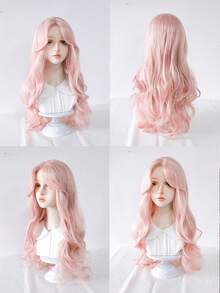 30英寸浅粉色中分波浪假发 - 4x2浅棕色蕾丝前片半手工编织耐热合成纤维假发 - 超长淡粉色美人鱼卷发，玫瑰网帽，适合所有肤色 - 粉色 - 查看 9