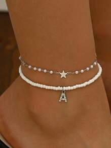 2pcs/Set Elegant 26 Alphabet Pendant, White Faux Pearl Stretch Five-Pointed Star Anklets Set, Fashion Jewelry Suitable For Beach, Travel, Summer Essential