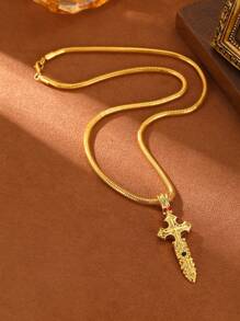 1 Piece Vintage Gold Cross Sword Pendant Necklace,Inlaid Cubic Zirconia,Snake Bone Round Chain,Suitable For Daily,Hip Hop,Party And Gift
