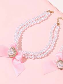 2pcs/Set Girl's Faux Pearl & Bow Decor Necklace & Bracelet Set - Pearl Beads - View 3