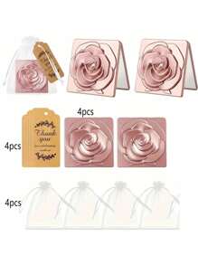 Set di 12 pezzi di specchi da trucco a forma di rosa elegante, include 4 specchi pieghevoli a doppia faccia, specchi da trucco portatili, 4 biglietti di ringraziamento e 4 sacchetti in organza, set regalo per damigelle d'onore per matrimoni, compleanni, vacanze, feste natalizie, regali estivi, forniture scolastiche, decorazione della stanza