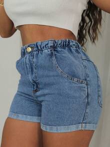 Traditional Denim Shorts With Elastic Waistband - Blue - View 3