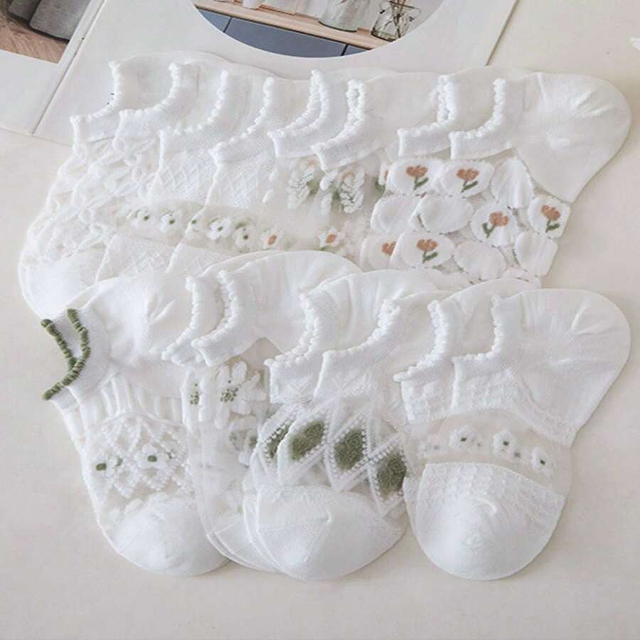 8 Pairs Fresh Crystal Glass Sheer Ankle Socks - Multicolor - View 1