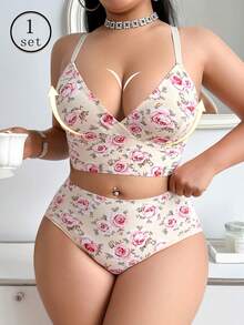 大码休闲印花内衣套装 - 粉色 - 查看 4