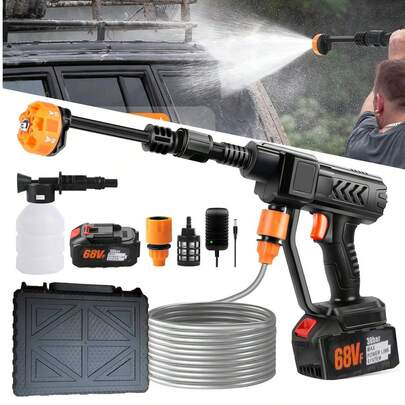 غسالة ضغط محمولة عالية الضغط، غسالة ضغط لاسلكية، مسدس مياه بالبطارية، مناسبة للسيارة والمنزل والحديقة، منظف يدوي 5 في 1 مع خرطوم بطول 16 قدم (68 فولت، 48 فولت، 24 فولت)