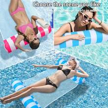 1 pieza de Tumbona inflable para piscina - Cama flotante plegable con rayas, de material de PVC duradero, colores surtidos (rosa, azul y rayas blancas), perfecta para fiestas en la piscina, accesorios de playa y relajación - Multicolor - Ver 5
