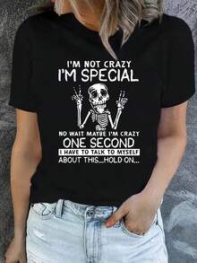 Camiseta negra de algodón de 180 g con gráfico de manga corta y cuello redondo para mujer - Camiseta divertida con estampado de esqueleto "I'm Not Crazy I'm Special" - Camisa informal con eslogan humorístico perfecta para el uso diario - Camiseta cómoda y elegante para damas - Negro - Ver 1