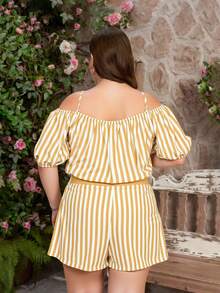 Jumpsuit Corto a Rayas con Bolsillos - Tallas Extra  A rayas  Color combinado  Casual    Bolsillo  Botón delantero  Botón - Caqui - Ver 2