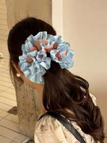 chouchou en tissu à pompons élégant et à la mode, chouchou bohème bleu et rose froncé, grand accessoire floral pour cheveux pour femme, double volant, idéal pour les cheveux épais, pour le quotidien, les vacances et les rendez-vous galants.