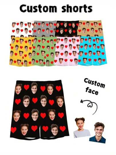 Customizable Men's Pajama Pants - Personalized With Photo And Face Design, One Fun Black Shorts With Hearts And Faces, Comfortable Polyester-Spandex Blend, Suitable For Christmas And Casual Wear At Home, Comfortable And Amusing Men's Loungewear Shorts, The Best Holiday Gift For Christmas, Anniversary, Birthday And Other Festivals, Casual Knitted Pajamas, 95% Polyester And 5% Spandex, Regular Fit, Suitable For All Seasons, 160g/Sqm