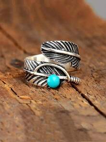 Bohemian Vintage Turquoise Feather Open Ring - 1 Piece - Multicolor - View 5