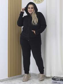 A&D Women's Plus Size Plush Set: Zip Top And Cuffed Trousers - Black - View 1