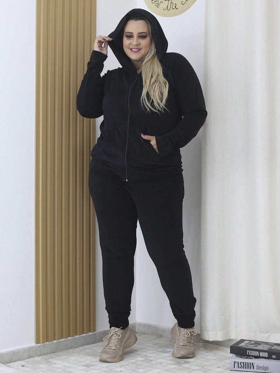 A&D Women's Plus Size Plush Set: Zip Top And Cuffed Trousers - Black - View 1