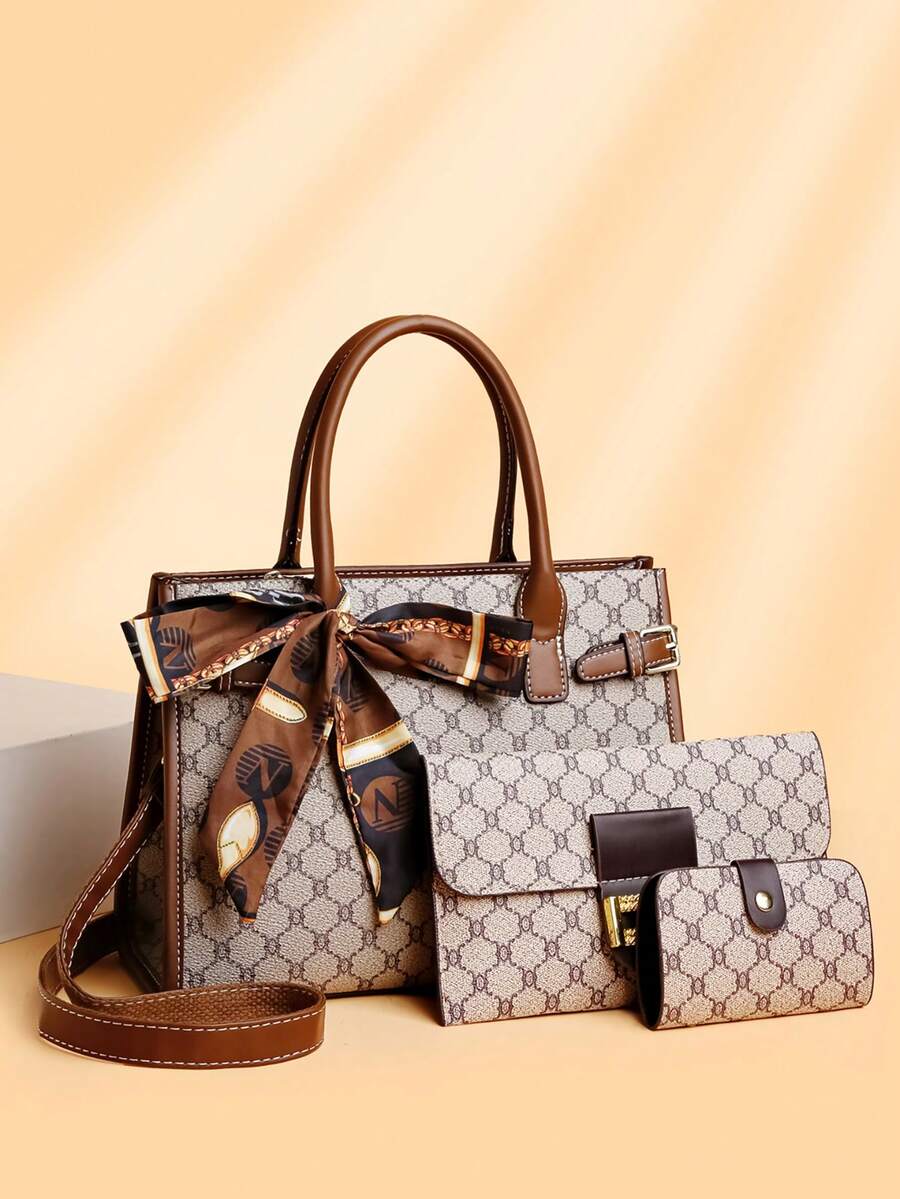 3 件套格子 PU 皮革托特包单肩包，时尚百搭优雅手提包适合中年女性日常使用，大容量 - 灰色 - 查看 1