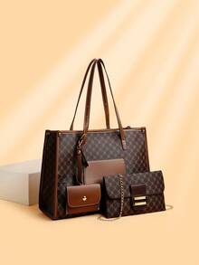 Large Capacity Commuter Tote Bag 3-Piece Set - Brown - View 1
