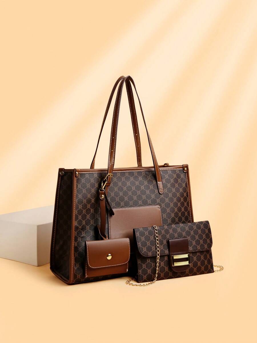 Large Capacity Commuter Tote Bag 3-Piece Set - Brown - View 1