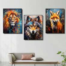 3pcs Animal Wall Arts Canvas Posters, Lion, Fox, Wolf Oil Painting HD Printing Optional Frame, Office, Living Room, Dining Room, Bedroom Home Decoration ,Wall Art With Frame