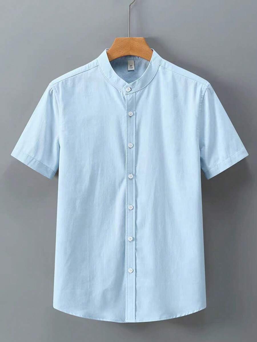 VISCOLINHO Light Fresh Men's Short Sleeve Padre Collar Shirt - 淺藍色 - 查看 1
