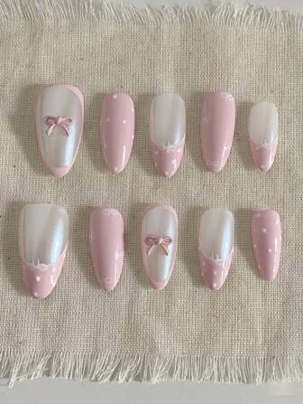 10 片装温柔甜美粉色系 3D 手绘蝴蝶结法式可爱波尔卡圆点指甲贴纸按压式指甲美甲用品