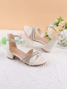 儿童女童时尚白色踝带凉鞋，幼儿花童礼服婚礼派对高跟鞋，露趾轻便儿童休闲礼服凉鞋，适合小、中、大童