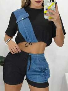 DENIM PATCH SHORT SLEEVE TOP DRAWSTRING SHORTS SET - Black - View 2