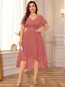 优雅 V 领蝴蝶袖花卉蕾丝撞色雪纺高低下摆正式舞会晚会摇摆礼服、返校节礼服、婚礼宾客礼服，适合生日、毕业典礼、晚宴 - 藕粉色 - 查看 11