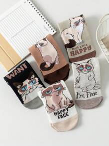 5/10 perechi de șosete scurte pentru femei din seria Cat, șosete drăguțe și interesante cu desene animate, absorbante de umezeală, potrivite pentru purtare zilnică, casual, sport, birou, toate anotimpurile