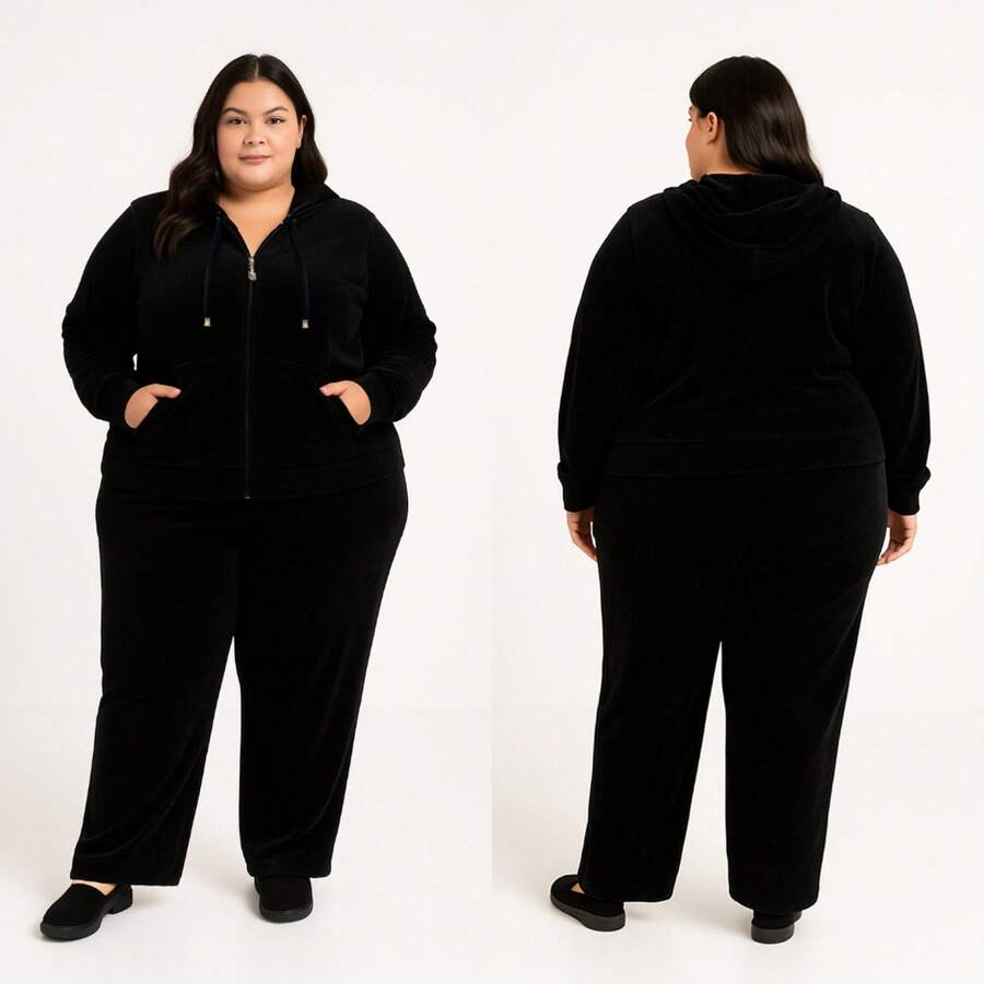 Plus Size Plush Set Simple Casual Fabric Zipper Pocket G4 G5 Winter - Black - View 1