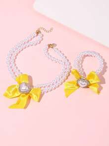 2pcs/Set Girl's Faux Pearl & Bow Decor Necklace & Bracelet Set - Pearl Beads - View 6