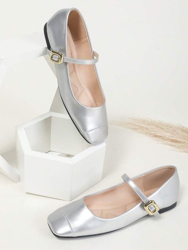 New Style Silver & Pink Strap Mary Jane Flats, Comfortable Square Toe Versatile Soft-Sole Elegant Fashion Commuting Shoes, Plus Size For Women