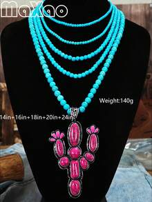 Women's Personalized Western Country-Style Oversized Cactus Pendant Necklace (New For Autumn/Winter). Inlaid With Natural Turquoise, Multi-Layered Pearl Necklace, Each Turquoise Is Unique And Full, Suitable For Multiple Wears. Pairs Well With Jeans And Casual T-Shirts For A Fashionable Look! Great For Self-Purchase Or Gift To Best Friends