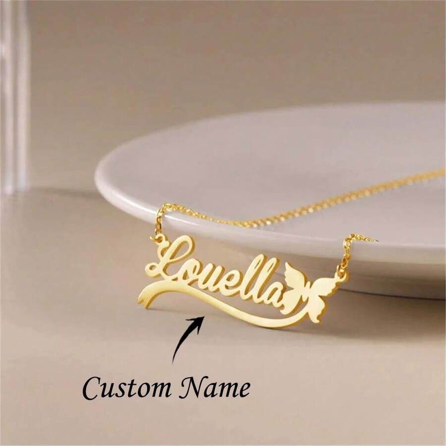 定制不锈钢蝴蝶造型个性化名字项链，甜美可爱，节日、母亲节珠宝礼物，金色，时尚，多彩，复古，简约，男女皆宜，休闲，可爱，定制，独特，送给他的理想礼物，送给她的理想礼物 - 彩色 - 查看 1