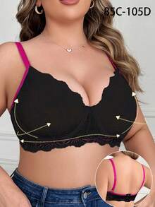 Plus Size Women Lace Patchwork Underwire Lingerie Bra, Comfortable Underwear With Supportive Design - Black - View 3