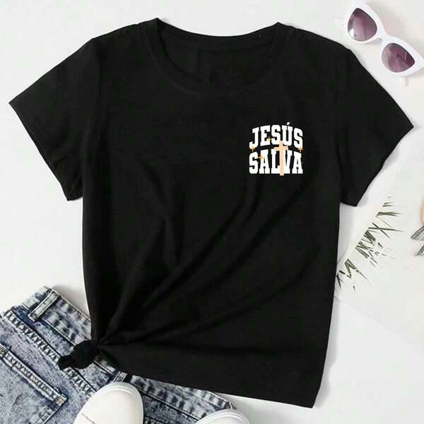 CAMISETA CASUAL, ROPA CRISTIANA, CAMISETA DE MUJER DE MANGA CORTA DE CUELLO REDONDO CON ESTAMPADO DE LEMA SIMPLE, VERSÁTIL PARA USO DIARIO. CAMISETAS GRÁFICAS PARA MUJER   Letras  Casual  Tela