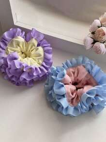 chouchou en tissu à pompons élégant et à la mode, chouchou bohème bleu et rose froncé, grand accessoire floral pour cheveux pour femme, double volant, idéal pour les cheveux épais, pour le quotidien, les vacances et les rendez-vous galants.