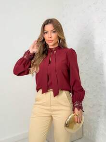 Elegant Women's Formal Blouse V Neck With Bow Lace Embroidered Blouse, Flared Sleeve Blouse, Lace Women's Tops - 酒紅色 - 查看 3