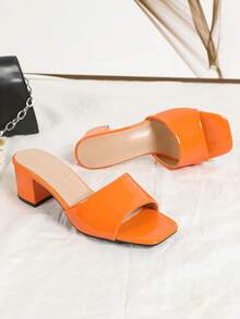 حذاء كعب عالي أنيق باللون البرتقالي للنساء، صنادل كعب عالي برتقالية عصرية للصيف، حذاء مول سهل الارتداء بكعب سميك وأصبع مربع، أحذية نسائية لامعة